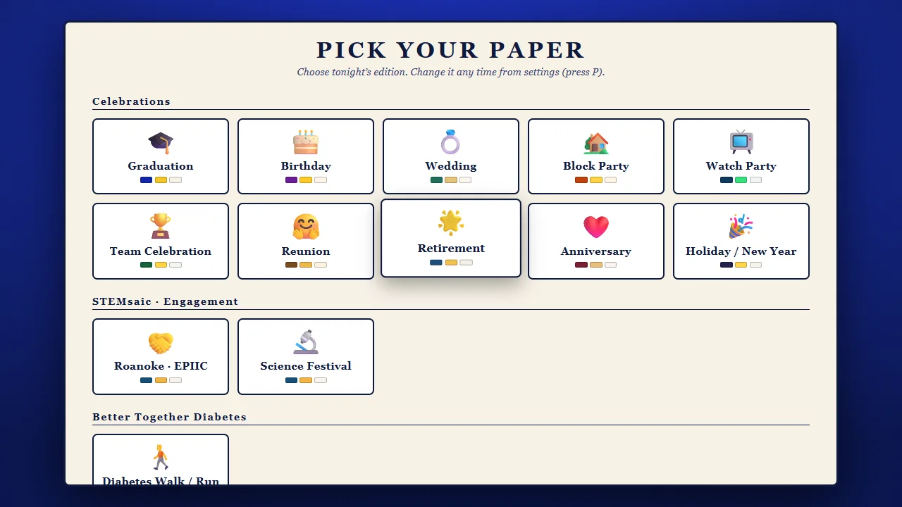 The Press Play paper picker: ten celebration editions plus STEMsaic engagement and community brand families