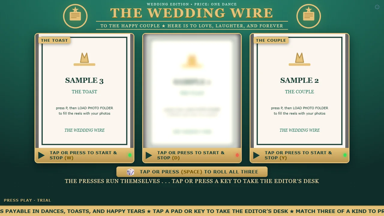 The Wedding Wire edition of Press Play: three gold reels under a wedding masthead, price listed as one dance